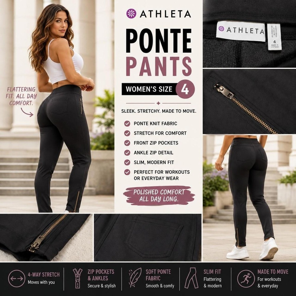 Athleta Ponte Pants Womens 4 Brown Slim Fit Stretch Ankle Zip Front Pockets